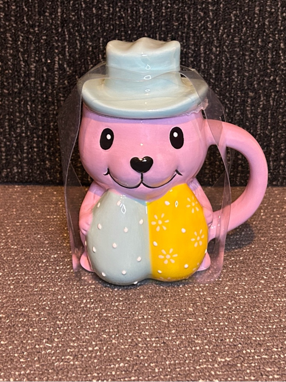 Pastel Pink Bunny Mug with Light Blue Hat and Yellow Detail